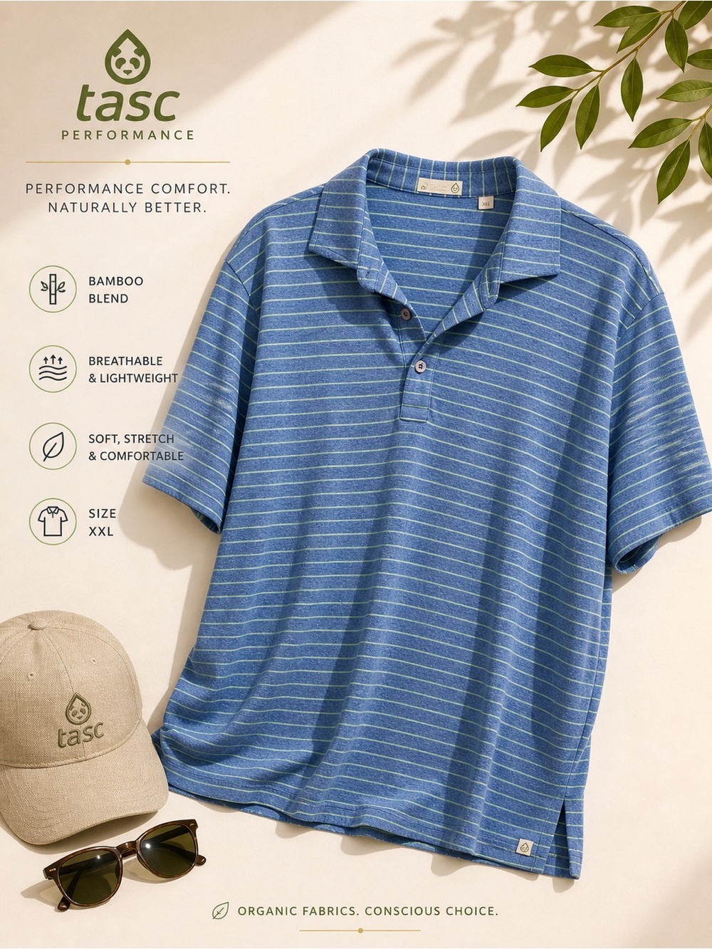 tasc Performance Striped Polo Shirt Blue Green XXL Lightweight Bamboo Blend